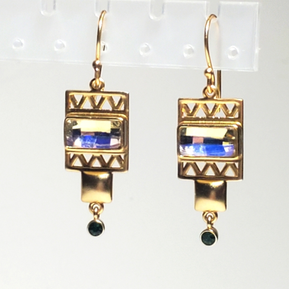 Amrapali 14k Gold Plated Drop Earrings Sky-blue Dark Green Chaton-cut Crystals